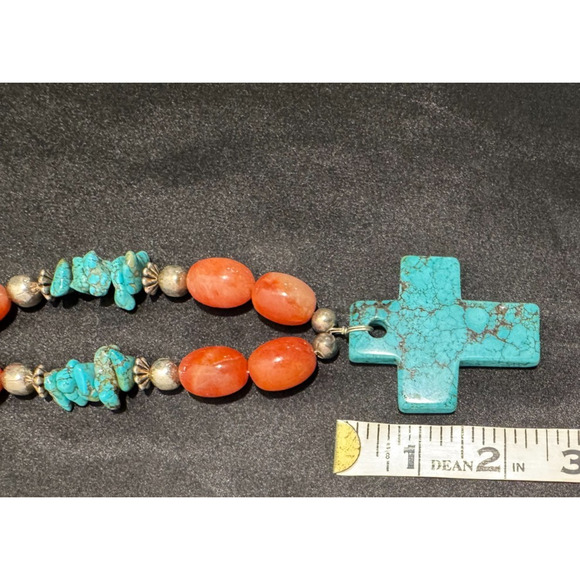 Solid Turquoise Cross Necklace Coral and Sterling Nuggets Heishi Beads 22" 114 g - Picture 10 of 13